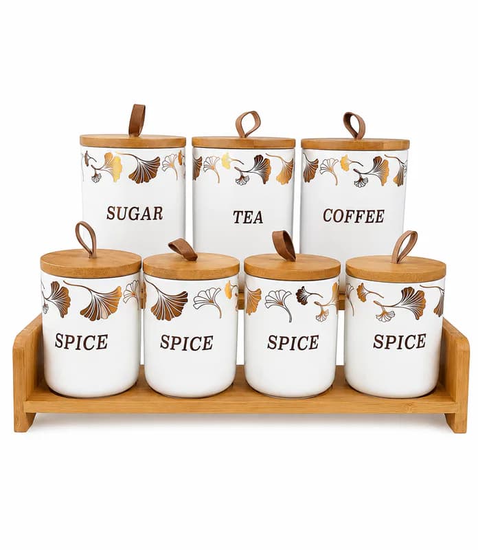 7-Piece Ceramic Kitchen Canister Set with Bamboo Lids & Wooden Storage Rack β White