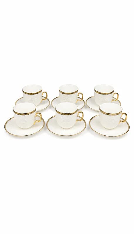 Premium Ceramic White & Gold Tea Cup and Saucer Set of 6 | Elegant Coffee Cup Set for Guests & Dining Table_XJ-12 — White&Gold
