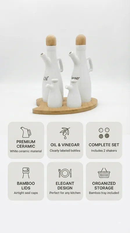 Premium Ceramic Salt, Pepper & Vinegar Cruet Set with Wooden Tray_HJ24