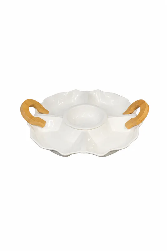 5-Section Ceramic Snack Tray with Wooden Handle_16741-96 β White