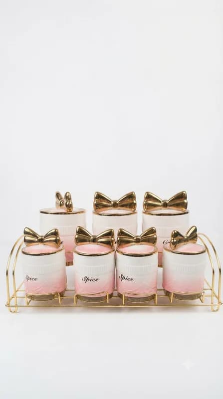 7 Pcs Ceramic Spice Jar Set with Golden Bow Lid & Metal Rack | Stylish Kitchen Masala Storage Containers β Pink