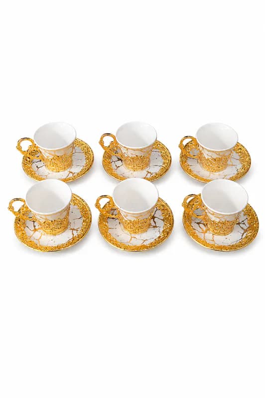 Gold Plated Marble Design Ceramic Tea & Coffee Cup Set of 6 with Saucer_YB-12S — White & Gold