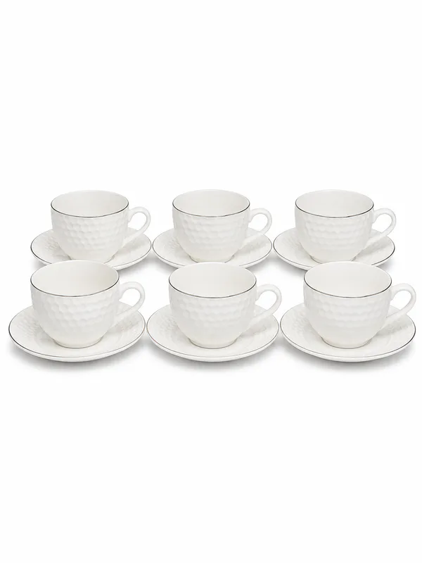 Elegant 6 Pcs Textured Cup And Saucer Set For Stylish Tea Time_XCY-12LA — White & Gold