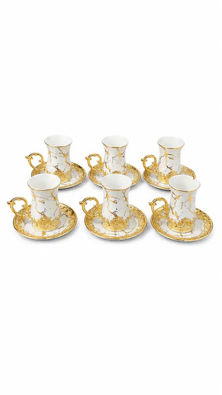 Luxury Marble Design Turkish Tea Cup & Saucer Set | Gold Handle Ceramic Tea Set | 6 Cups with Saucers β White & Gold