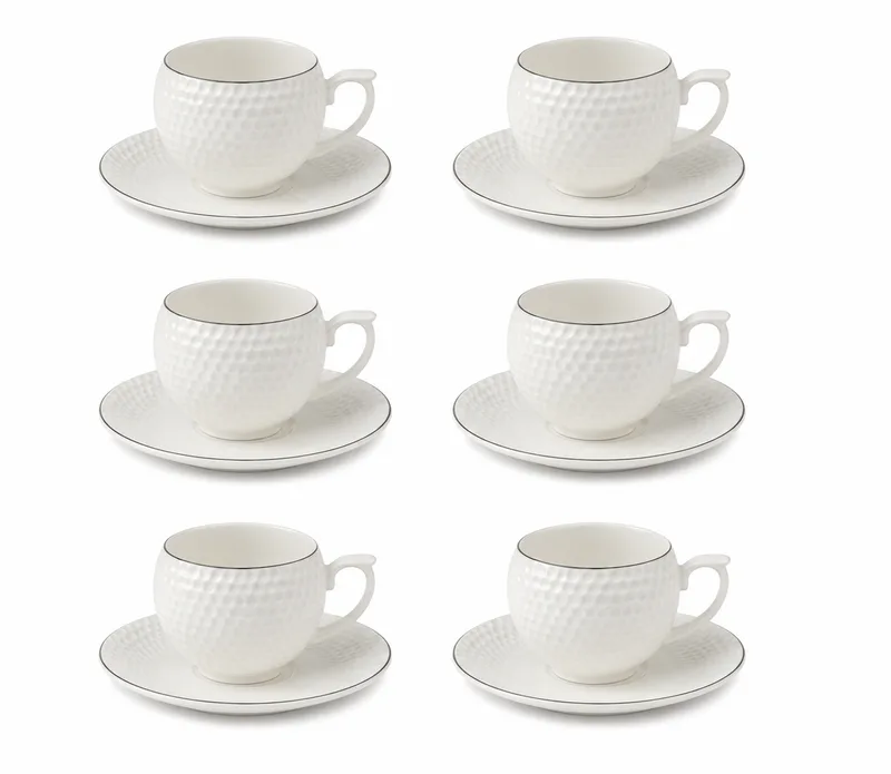 6 Pcs White Textured Cup And Saucer Set For Tea And Coffee_YJD-12LC — White & Gold