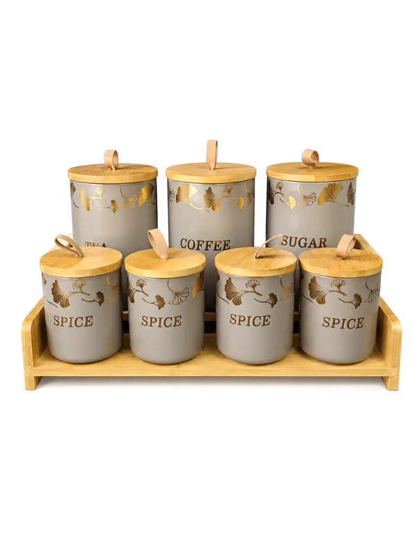 Premium Ceramic 7 pcs Tea Coffee Sugar & Spice Jar Set White_LQ-7KC — Gray