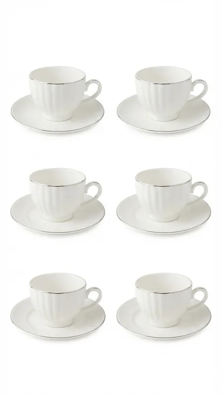 Classic Ivory Tea Cup & Saucer Set � 6 Cups & 6 Saucers, Elegant Premium Tableware Set_PL2444-4L — White&silver