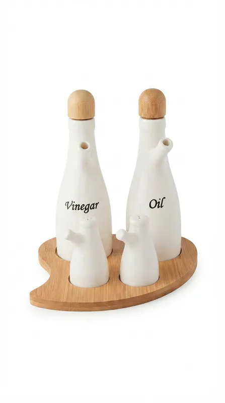 Elegant Ceramic Oil & Vinegar Dispenser Set with Bamboo Stand and Lids** β White