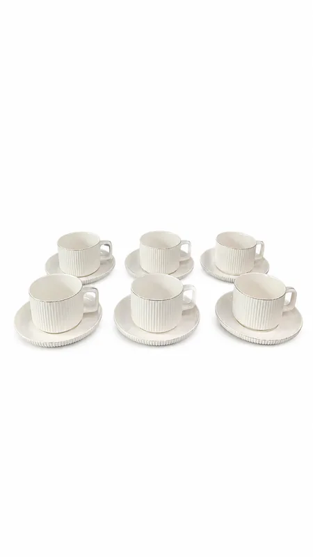Elegant White Ceramic Tea Cup & Saucer Set | 6 Cups with Saucers | Ribbed Design Premium Tea Set β White
