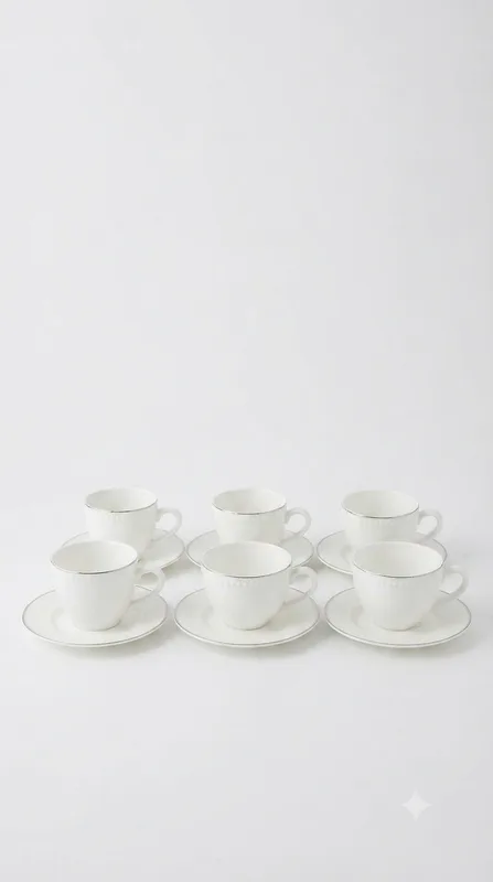 Elegant White Ceramic Tea Cup and Saucer Set | 6-Piece Cup Set with Delicate Beaded Rim and Matching Saucers_XCY-12LB — White
