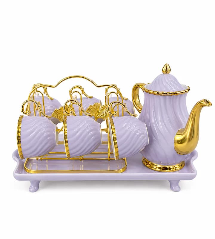 7-Piece Luxury Ceramic Tea & Coffee Set with Gold Rack and Serving Tray β Purple