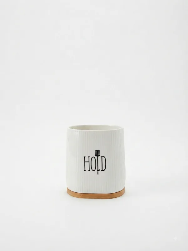 Minimalist Ceramic Utensil Crock with Bamboo Base-16741-40 — White