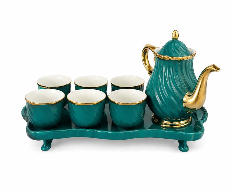 7-Piece Emerald Green Ceramic Tea Set with Gold Trim and Serving Tray β Green