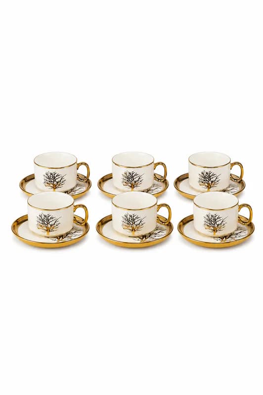 Luxurious Ceramic White & Gold Tree Design Tea Cup and Saucer Set (Pack of 6 / 12-Piece Set)_CS-12A — White & Gold