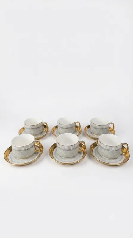 Luxe Gold Trim Grey Striped & Filigree Ceramic Tea Cup and Saucer Set (Pack of 6) β White & Gold
